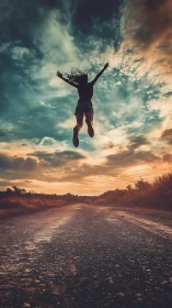 Backlit jump silhouette over rural road at cinematic sunset.
