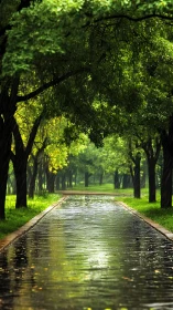 Tree-lined park pathway with wet reflective surface in rain.