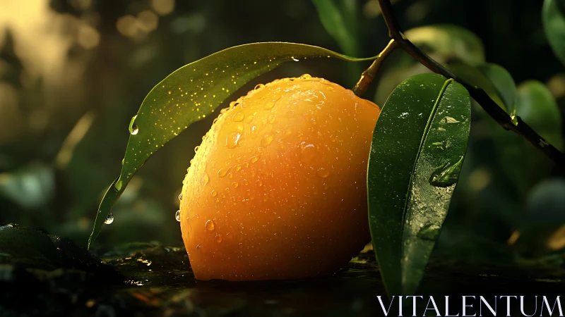 Sunlit mango jewel with dewdrop shimmer in lush foliage.