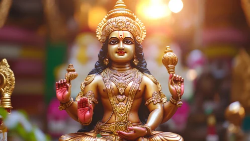 Radiant golden deity statue under haloed temple light glow.