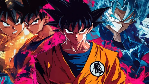 Anime warrior in orange gi with multiple dynamic forms.