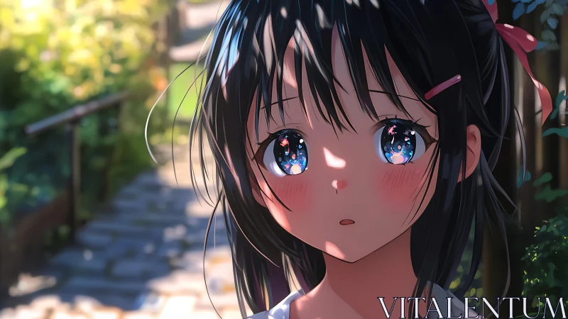 Sunlit anime girl with reflective eyes on garden path.