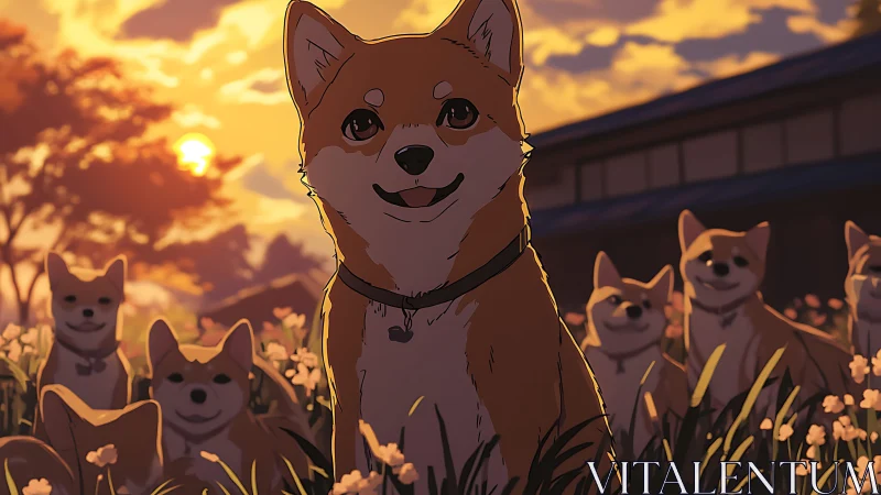 Shiba Inu pack in golden hour anime garden lighting.