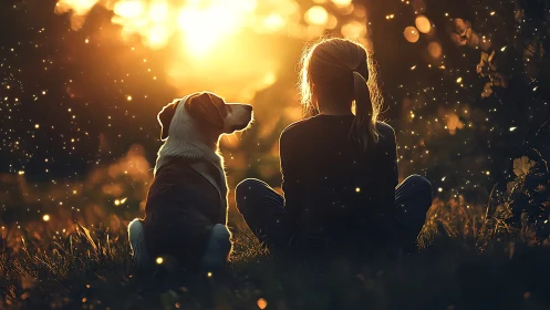 Backlit child and dog in sunset meadow with glowing particulates