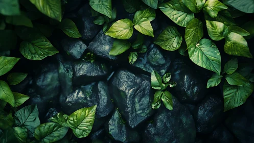 Photorealistic leaf canopy over wet river stones composition.