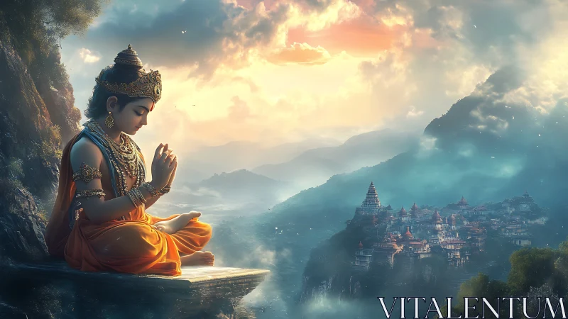 Meditating deity above misty mountain temple kingdom at dawn.