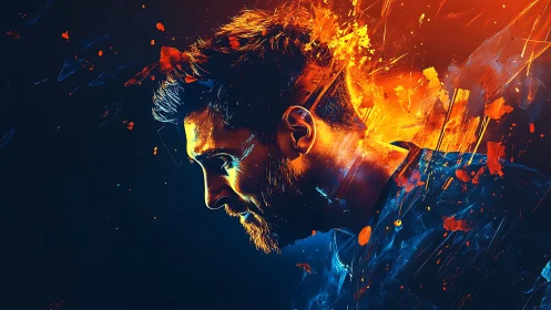 Side profile male portrait with abstract fiery overlay.