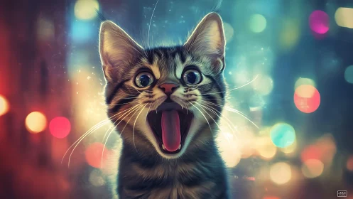 Wide-eyed tabby kitten yowls against neon city bokeh