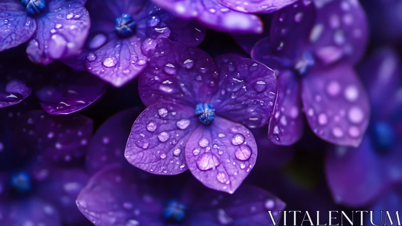 Dewdrop-Covered Purple Flowers in Soft Focus.