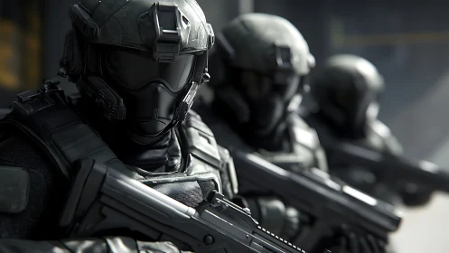 Futuristic tactical squad holding a quiet urban frontline.