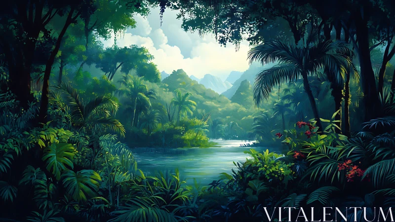 Serene Tropical Lagoon Nestled Among Ancient Rainforest Trees