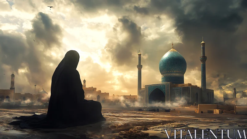 Soft evening prayer unfolds beside a glowing blue mosque