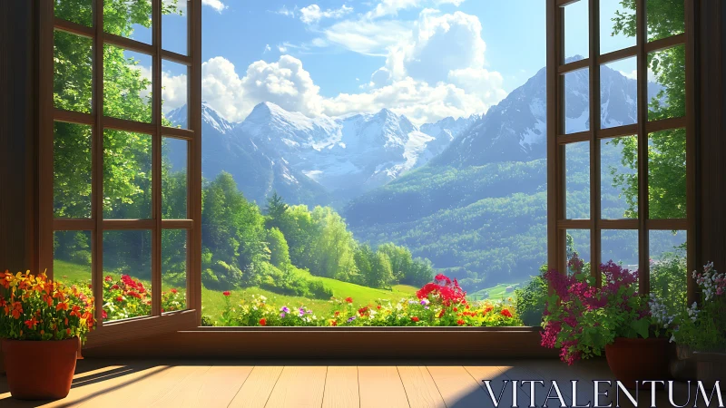 Open window frames bright alpine valley with flower pots