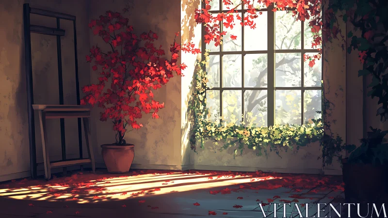 Sunlit studio corner with red maple and leafy window.