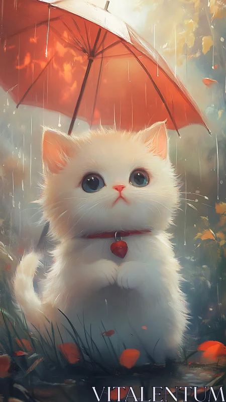 White Cat Under Red Umbrella in Rain.