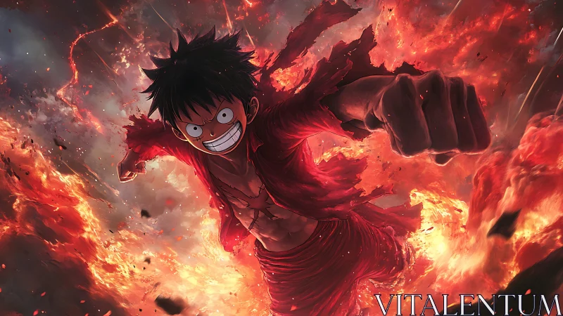 Fiery anime fighter punches forward through erupting flames