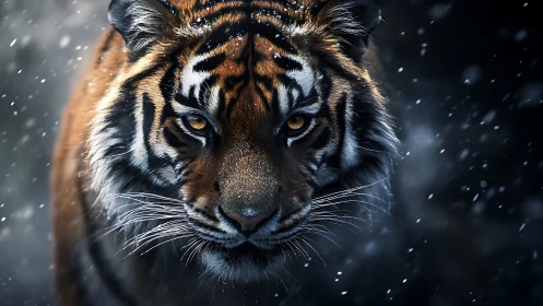 Tiger head-on in falling snow with sharp focused eyes