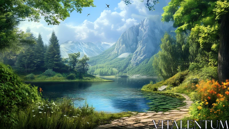 Mountain lake glows under clear sky and lush forest. Period.