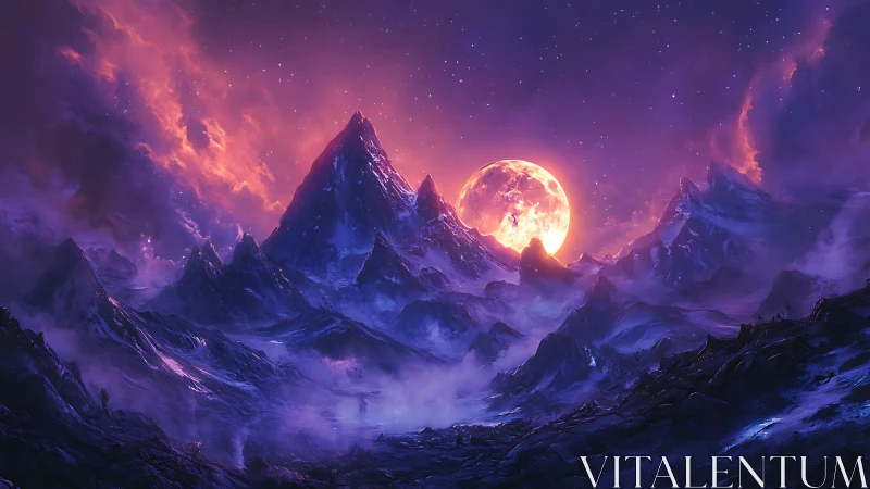 Moonlit alien mountains under vivid purple night sky.