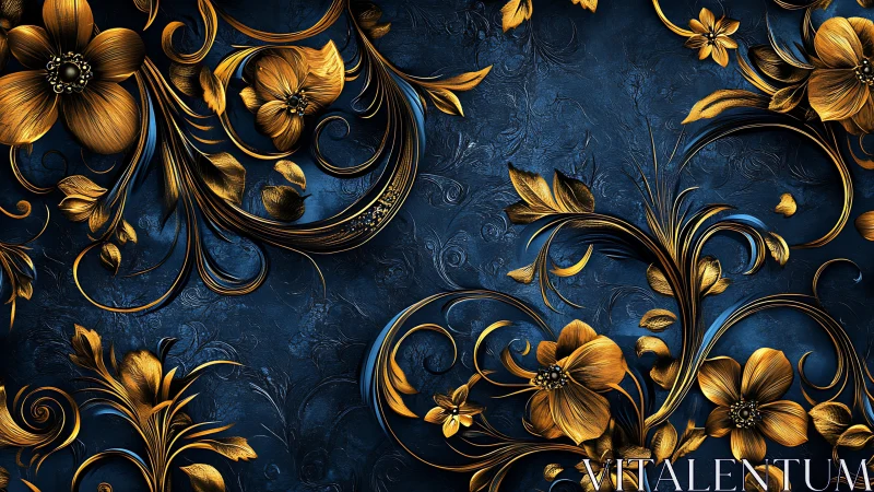 Midnight gold florals swirling across deep sapphire dreams.