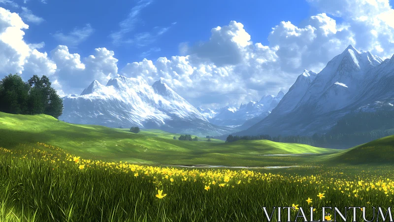 Sunlit meadows roll toward cloud-kissed alpine giants