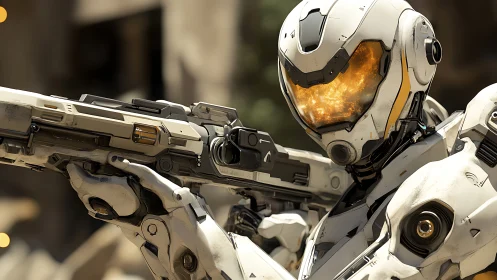 Armored sci fi soldier aims energy rifle in combat zone.