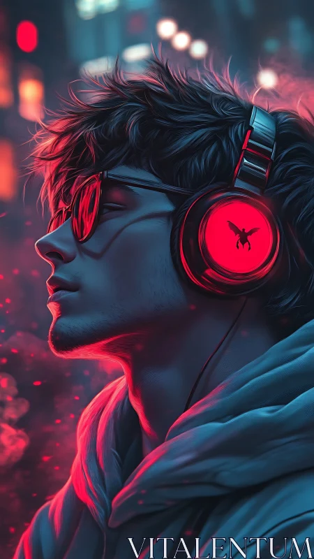 Neon night listener in crimson headphones and city haze.
