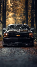 Lowered black Chevy truck on forest road at dusk.