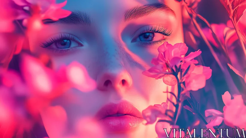 Neon blossom gaze in dreamlit pink and cyan glow.
