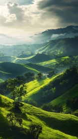 Sunlit emerald hills roll gently beneath misty mountain skies