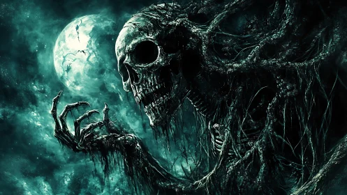Moonlit skeletal wraith rising through twisted roots.