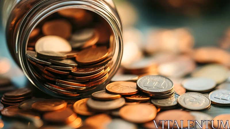 Glass jar lies on side with mixed coins spilling outward