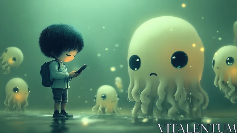Child with smartphone beside glowing sad jellyfish entities