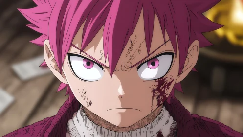 Battle-scarred pink-haired anime hero glares with fierce resolve
