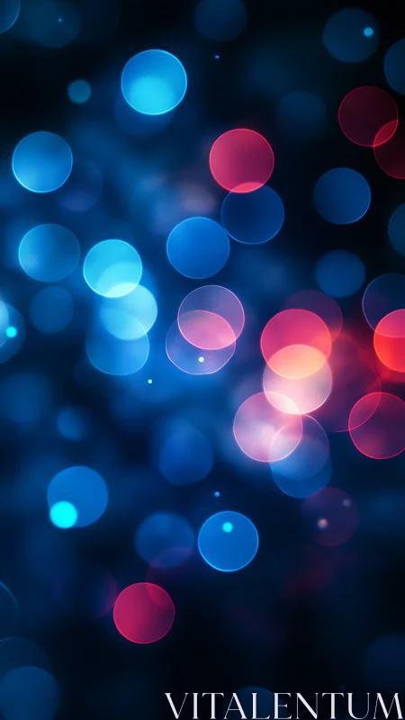Blue and red bokeh light orbs glow against deep dark background