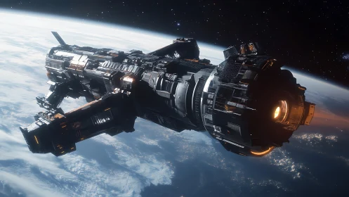 Photorealistic orbital gunship with modular aerospace hull design.