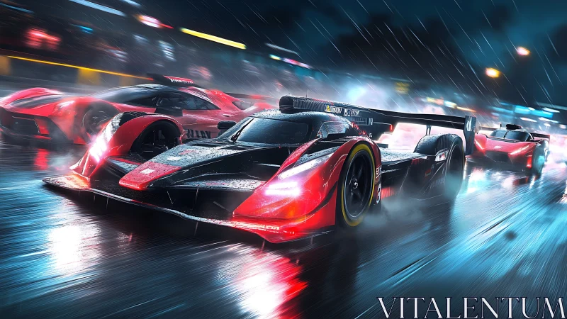 Red prototype race cars charging through wet night track.
