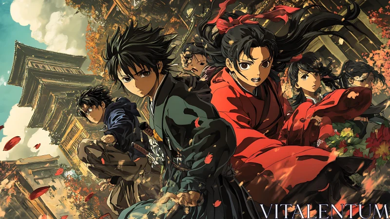 Five stylized warriors move through temple courtyard in autumn