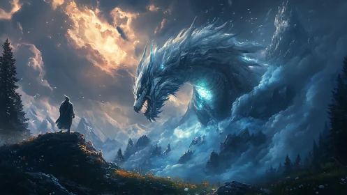 Stormborn ice dragon confronts lone wanderer at dusk.