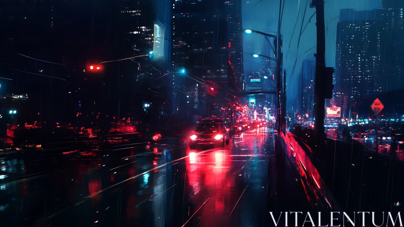 Rainy nighttime city street shows red and blue neon reflections