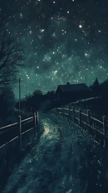 Starlit country lane winding quietly toward a sleepy cottage.