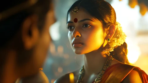 Soft golden light surrounds a thoughtful woman in tradition