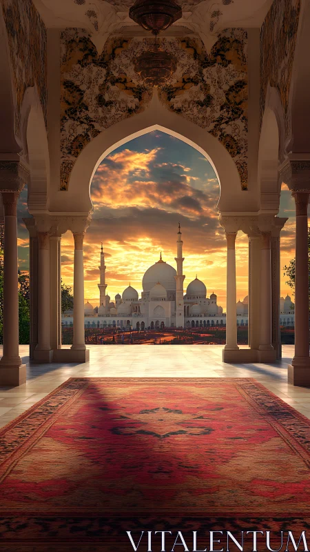 Sunset-lit Islamic courtyard frames distant domed mosque