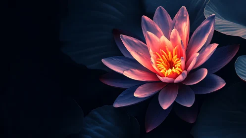 Pink water lily bloom on dark aquatic foliage background.
