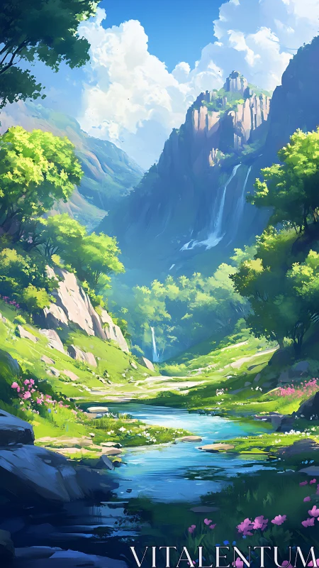 Sunlit valley stream carves a path beneath cloudbright peaks