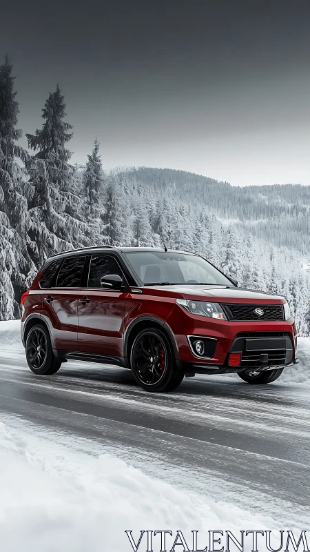 Photorealistic red SUV on icy alpine highway in winter light.