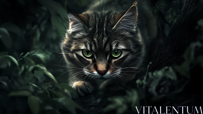 Tabby Cat with Green Eyes in Forest Setting.