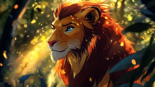 Majestic lion portrait in glowing forest light.