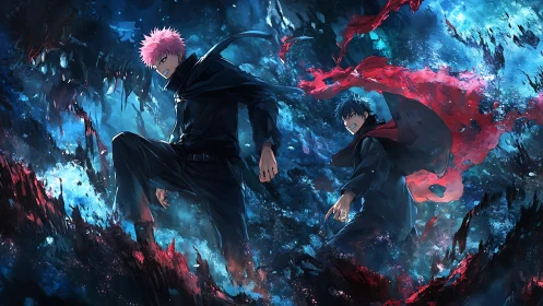 Two anime fighters stride through glowing blue chaos