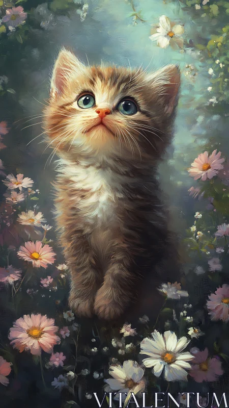 Young Kitten Among Daisies - Painterly Portrait